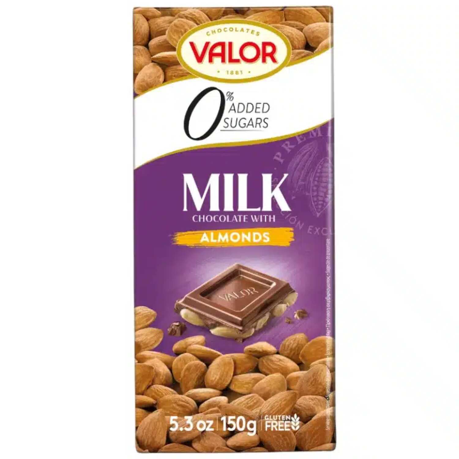 Valor Milk chocolate with whole almond no added sugar 150g