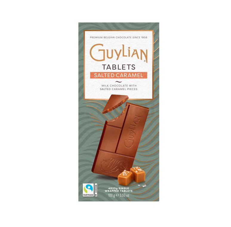 Guylian Belgische Premium Vollmilchschokolade mit gesalzenen Karamell-Stückchen 100 g-Tafel (4 feine Tafeln à 25 g)